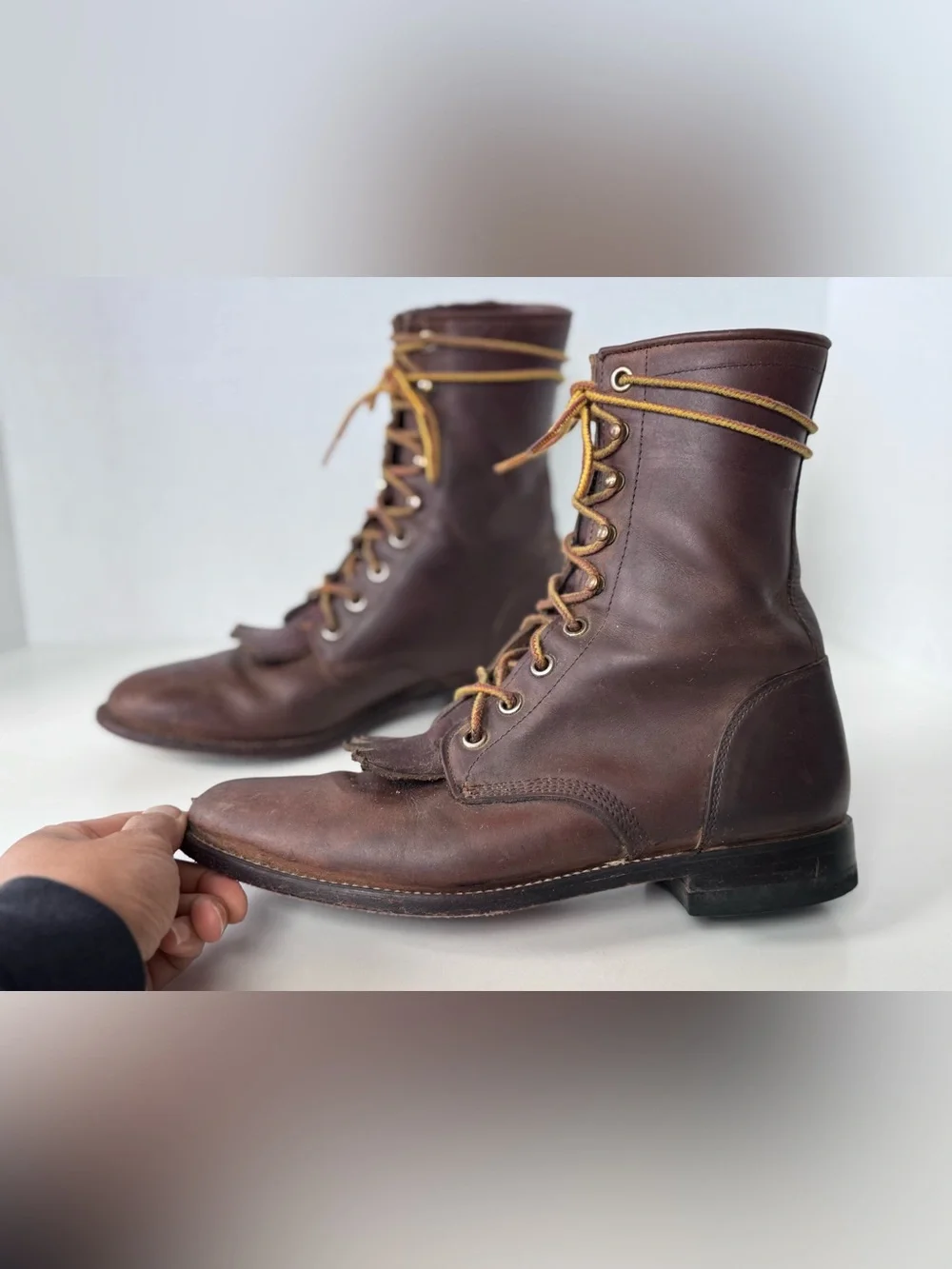 Justin Brown Leather Granny Lace up Kiltie Roper Western Cowgirl Boots Women 6.5